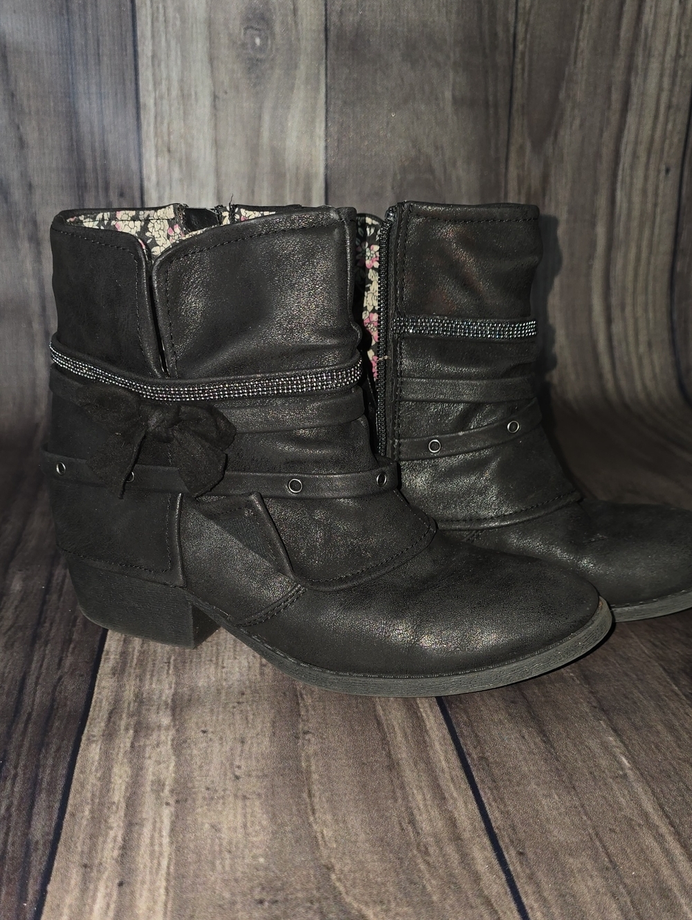 Kids Black Ankle Boots with Decorative Strap